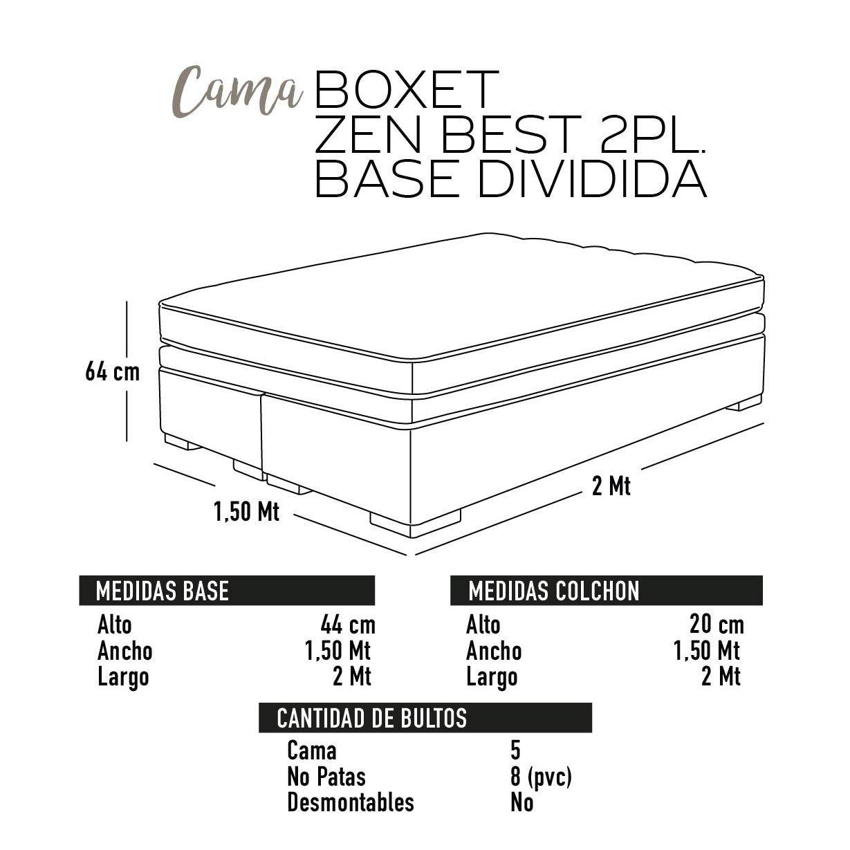 Cama Boxet 2 Plazas Base Dividida Colchon Resortes Zen Pro Con Funda Lavable-5