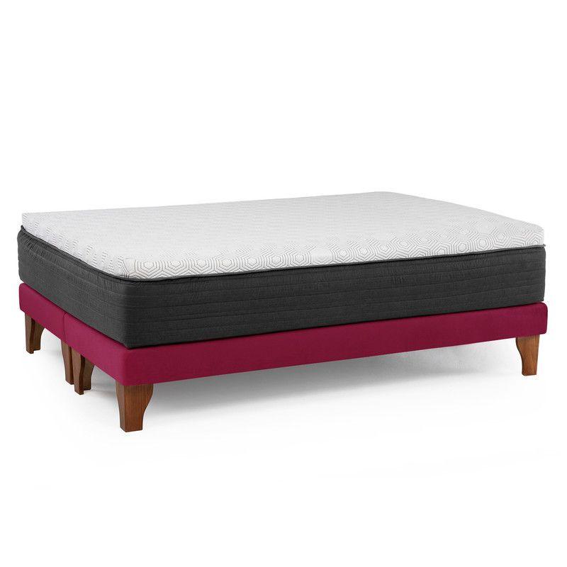 Cama Europea New Top Colchon Resortes 23 Cm 2 Plazas Tela Velvet Burdeo + Maderas Orion-2