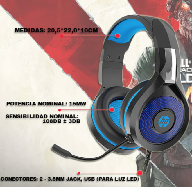Audífonos Gamer HP On Ear DHE 8010 con Micrófono e Iluminación LED-5