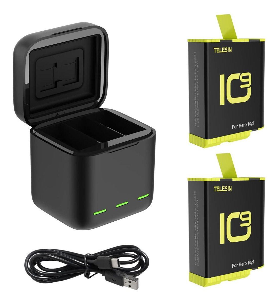 Cargador Triple + 2 Baterías Para Gopro  12/ 11/10/9 Telesin-0