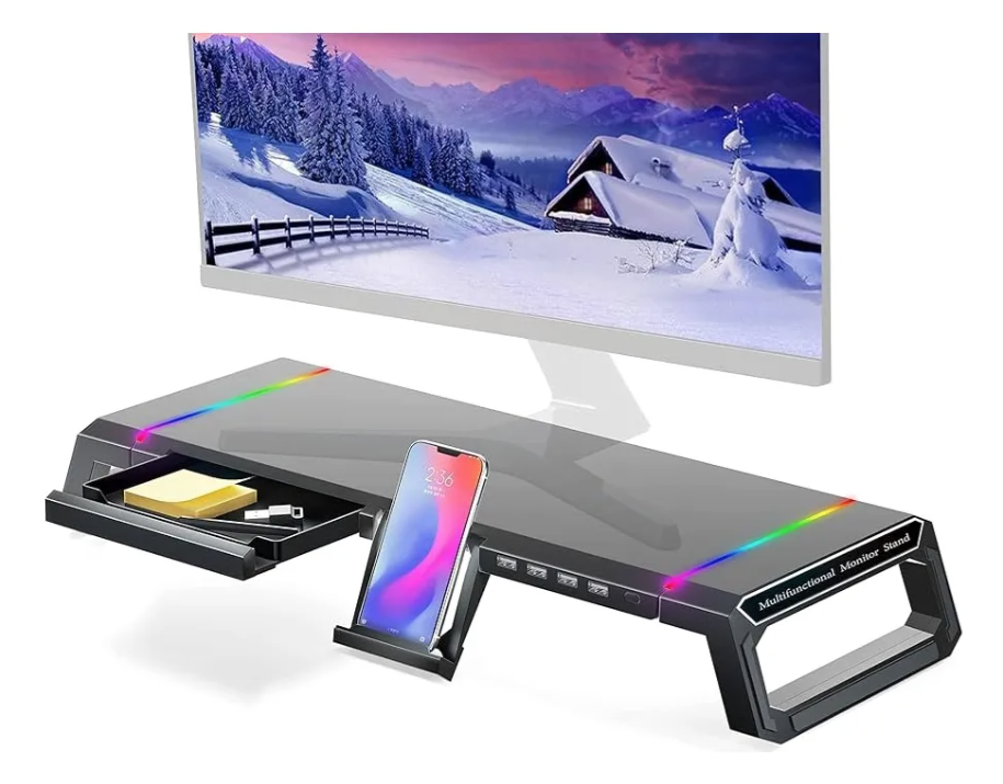 Soporte Monitor Base Organizador Rgb Escritorio 4 Usb 3 0 Negro-0