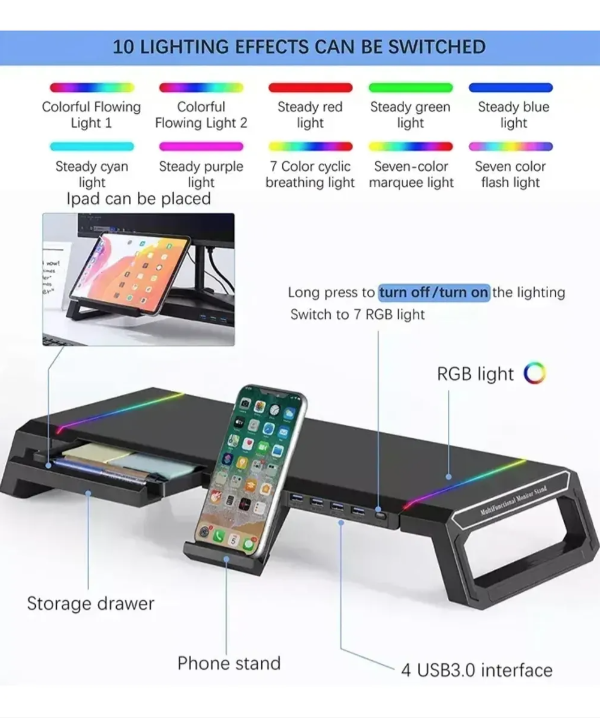 Soporte Monitor Base Organizador Rgb Escritorio 4 Usb 3 0 Negro-2