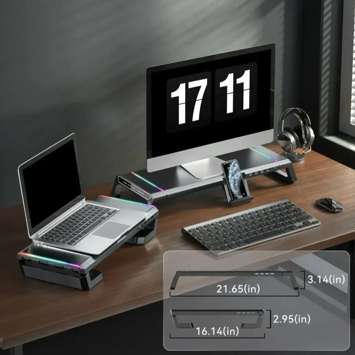 Soporte Monitor Base Organizador Rgb Escritorio 4 Usb 3 0 Negro-3