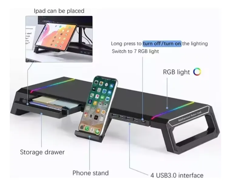Soporte Monitor Base Organizador Rgb Escritorio 4 Usb 3 0 Negro-4