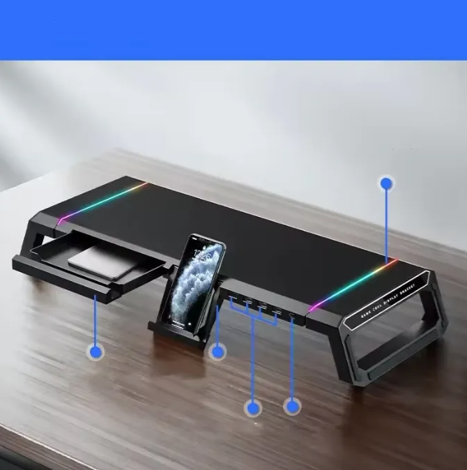 Soporte Monitor Base Organizador Rgb Escritorio 4 Usb 3 0 Negro-5