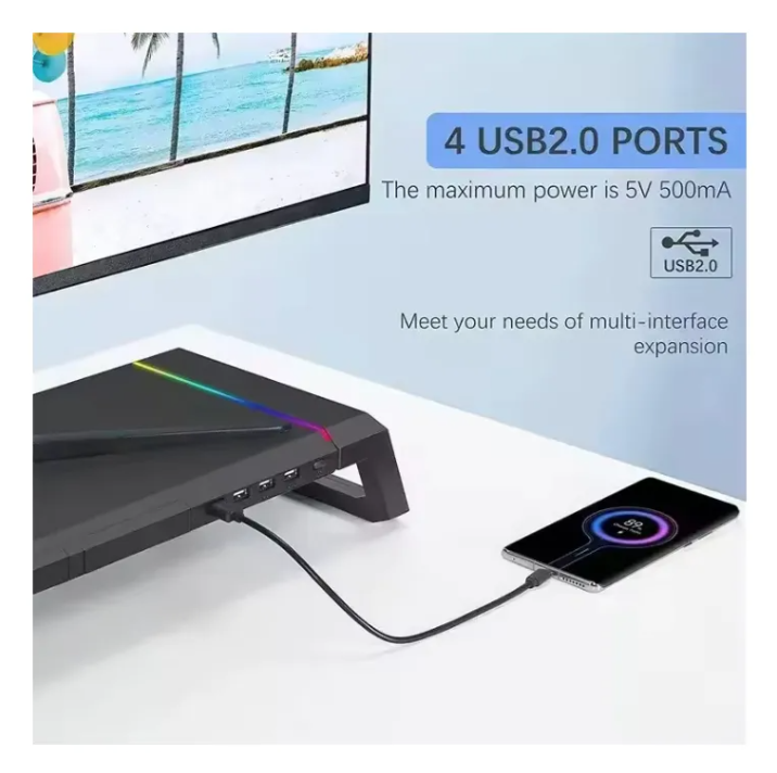 Soporte Monitor Base Organizador Rgb Escritorio 4 Usb 3 0 Negro-6