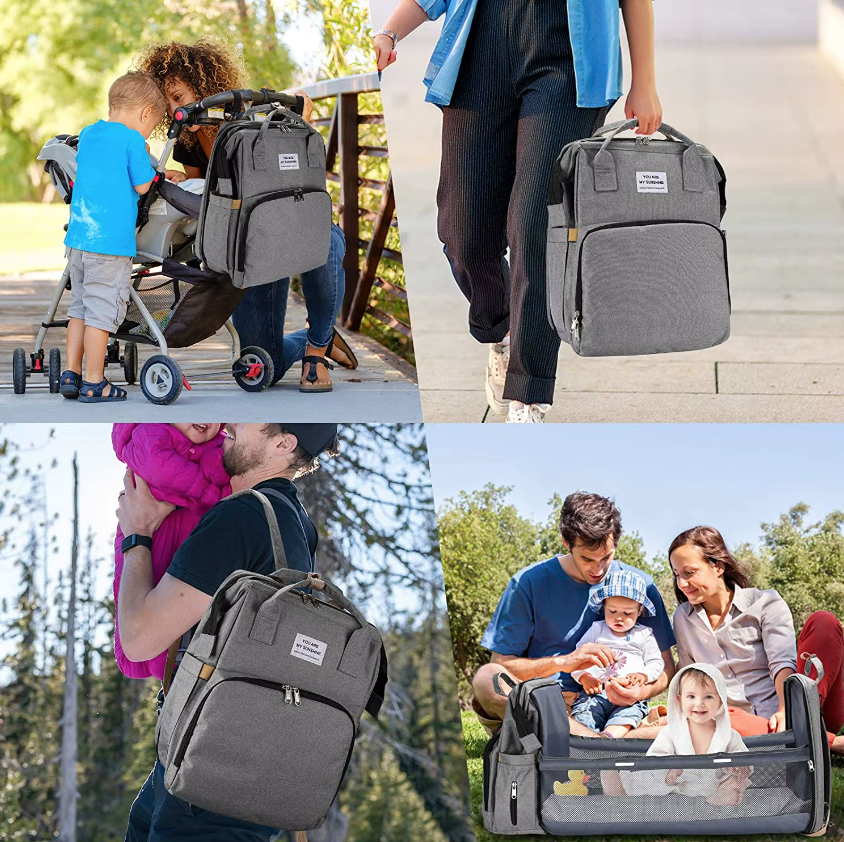 Mochila Maternal Cuna Plegable Bolso Pa alera Mudador Gris-6