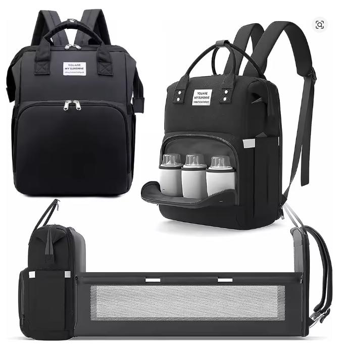 Mochila Maternal Cuna Plegable Bolso Pa alera Mudador Negro-2