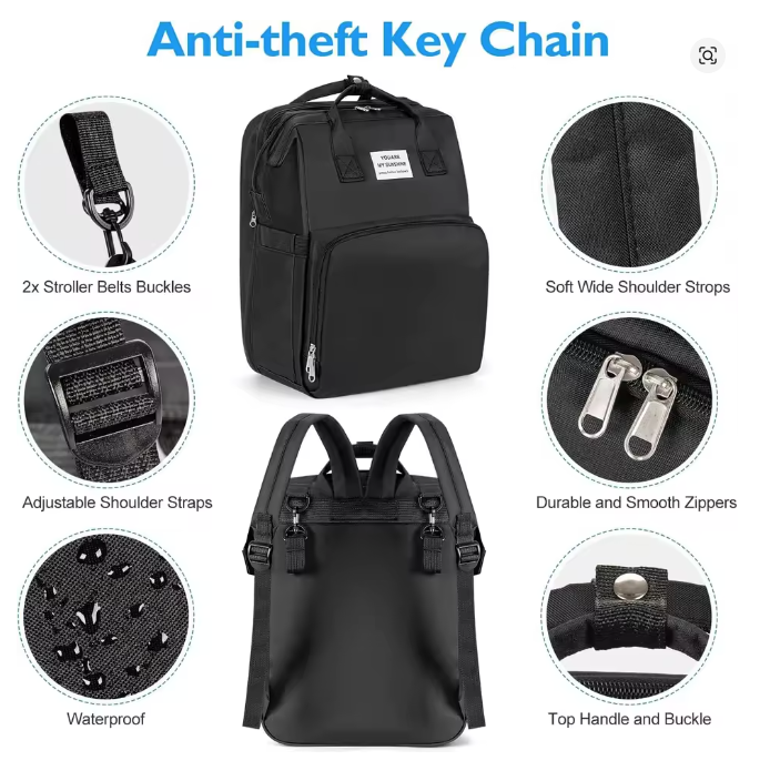 Mochila Maternal Cuna Plegable Bolso Pa alera Mudador Negro-3