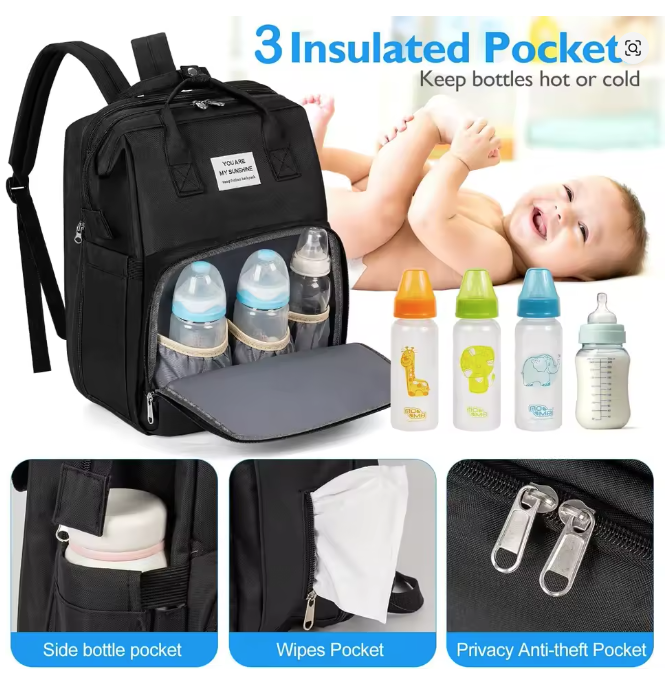 Mochila Maternal Cuna Plegable Bolso Pa alera Mudador Negro-4