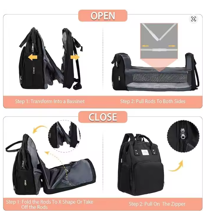 Mochila Maternal Cuna Plegable Bolso Pa alera Mudador Negro-5