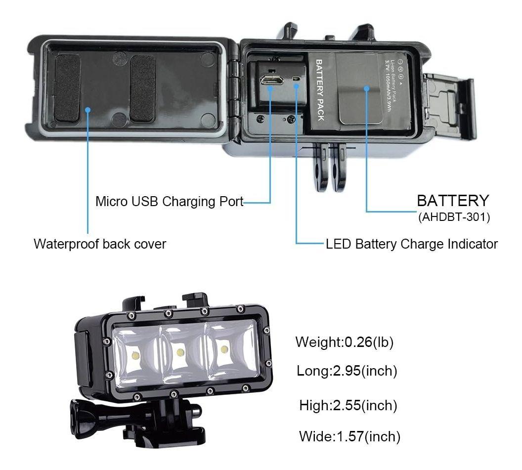 Foco Led Sumergible Para Gopro Hero 12 11 10 9 Max Potente-1