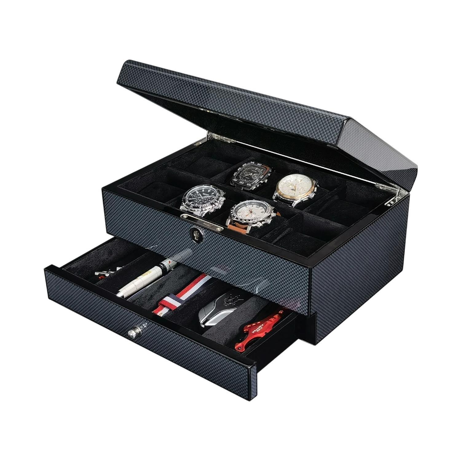 Caja Para Relojes 8 Espacios Con Cajon Fibra De Carbono-2
