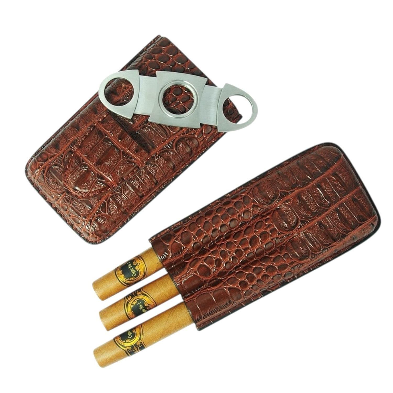 Estuche para 3 Puros PU Croco Marron con Cortador-2