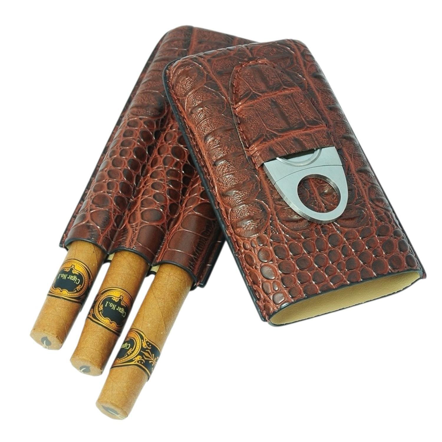 Estuche para 3 Puros PU Croco Marron con Cortador-3