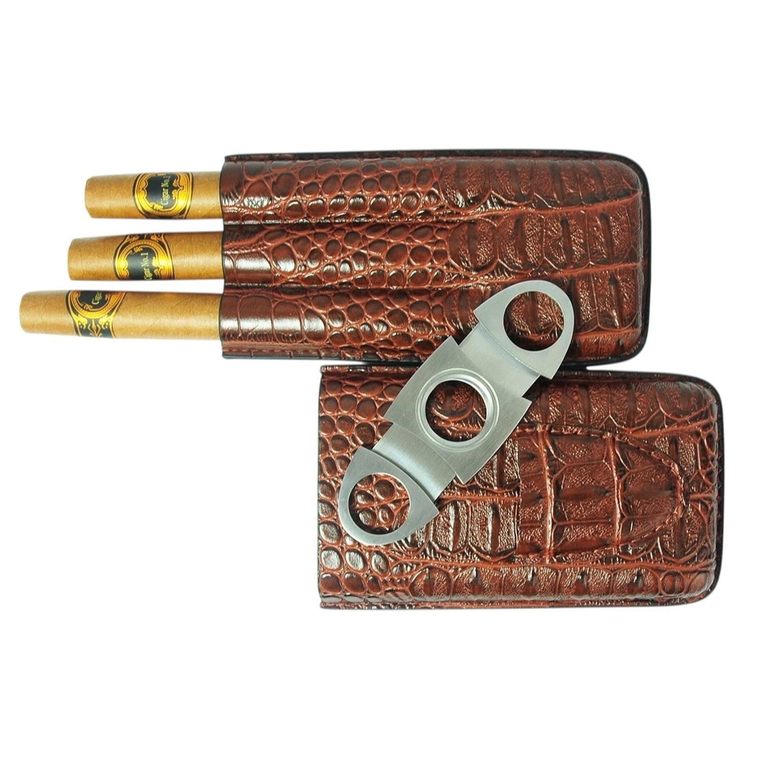 Estuche para 3 Puros PU Croco Marron con Cortador-4