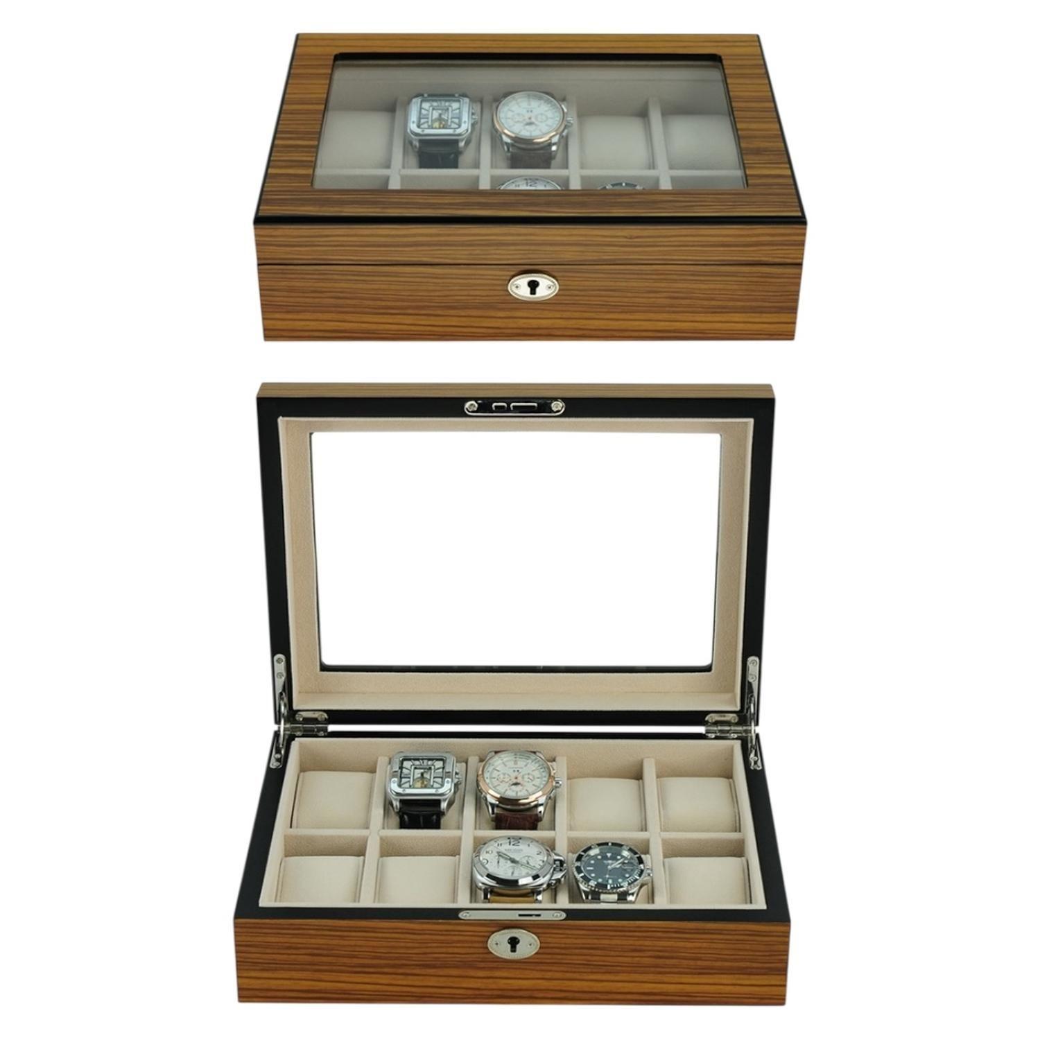 Caja Para Relojes 10 Espacios Madera Cerezo Con Vidrio-2