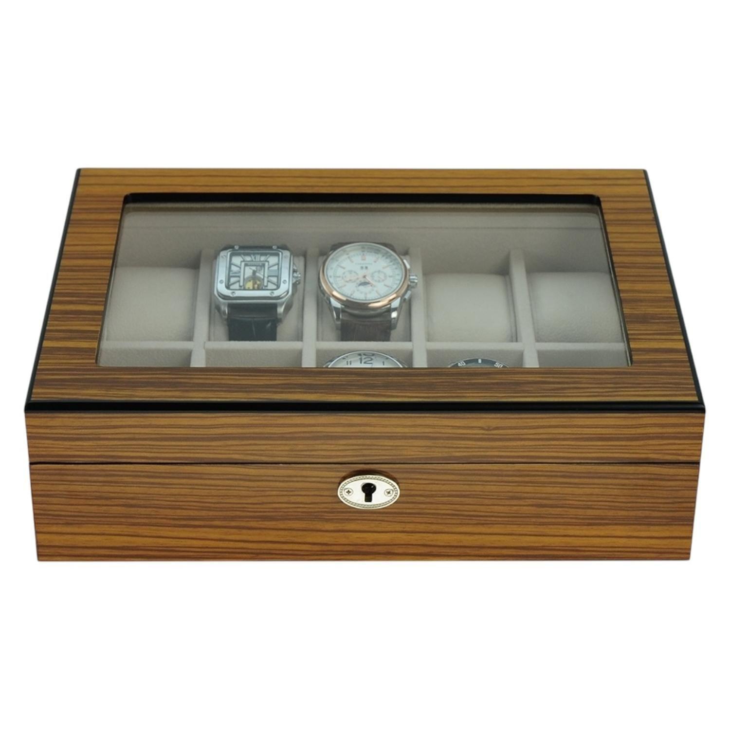 Caja Para Relojes 10 Espacios Madera Cerezo Con Vidrio-3