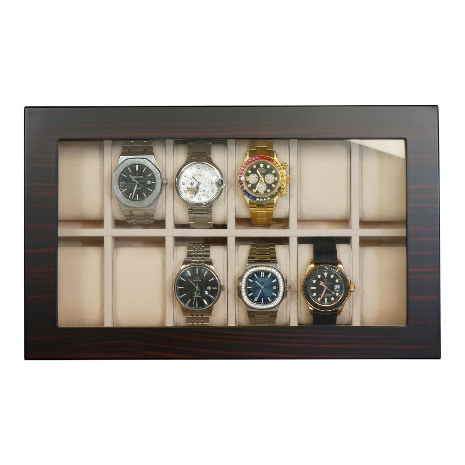 Caja Para Relojes 12 Espacios Madera Ebano Con Vidrio-2