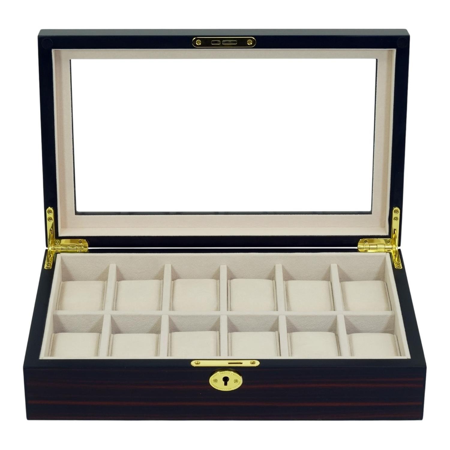 Caja Para Relojes 12 Espacios Madera Ebano Con Vidrio-4