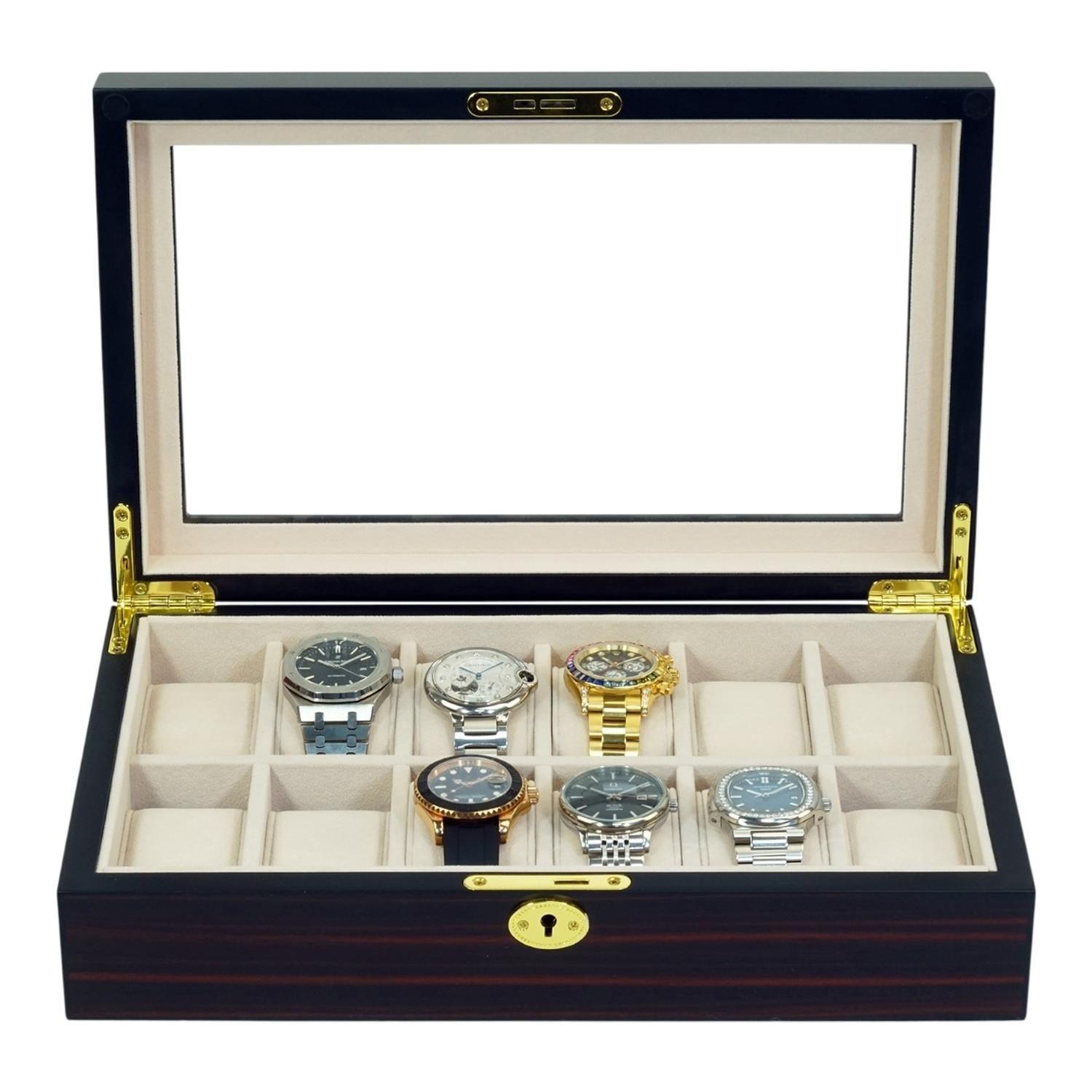 Caja Para Relojes 12 Espacios Madera Ebano Con Vidrio-5