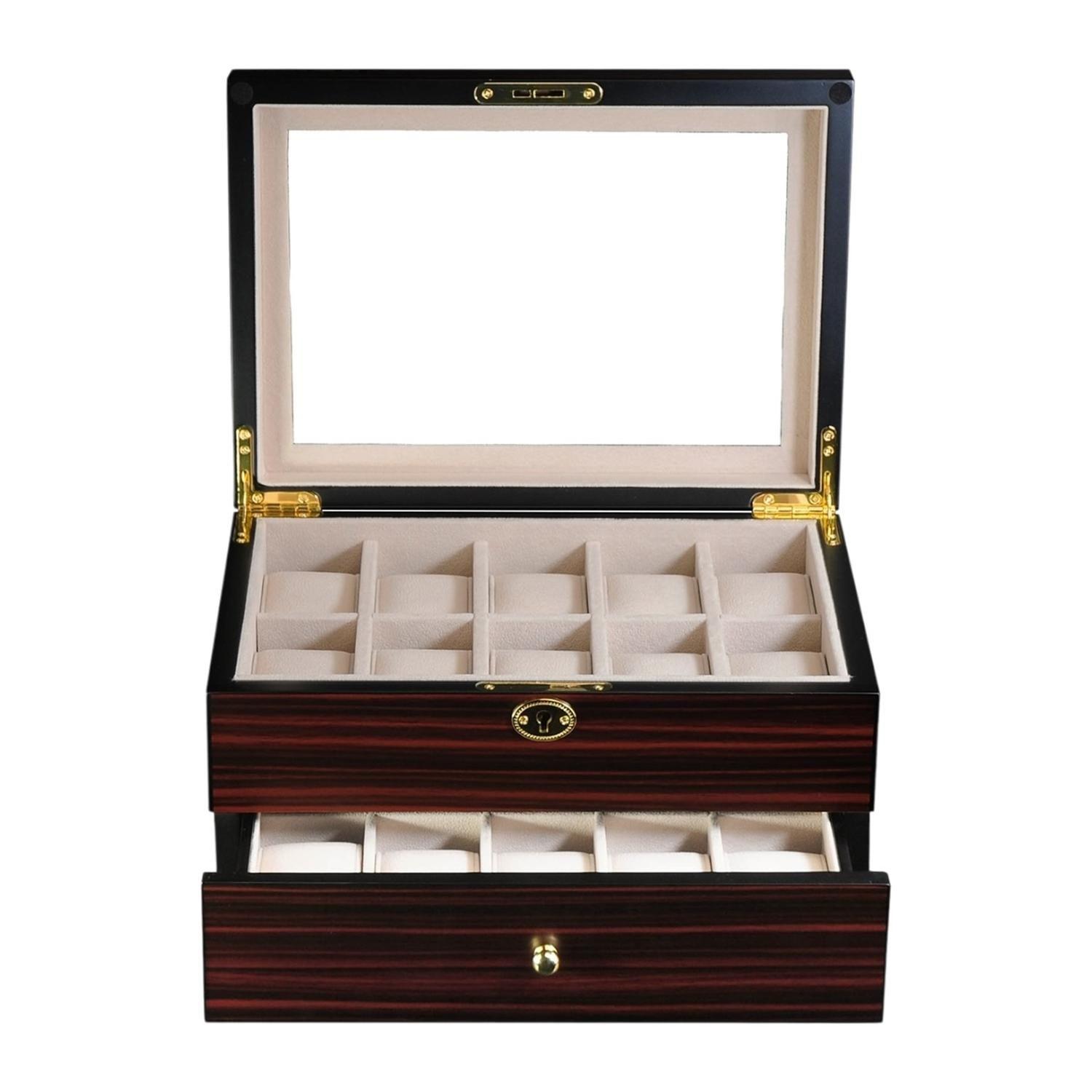 Caja Para Relojes 20 Espacios Madera Ebano Interior Marfil-3