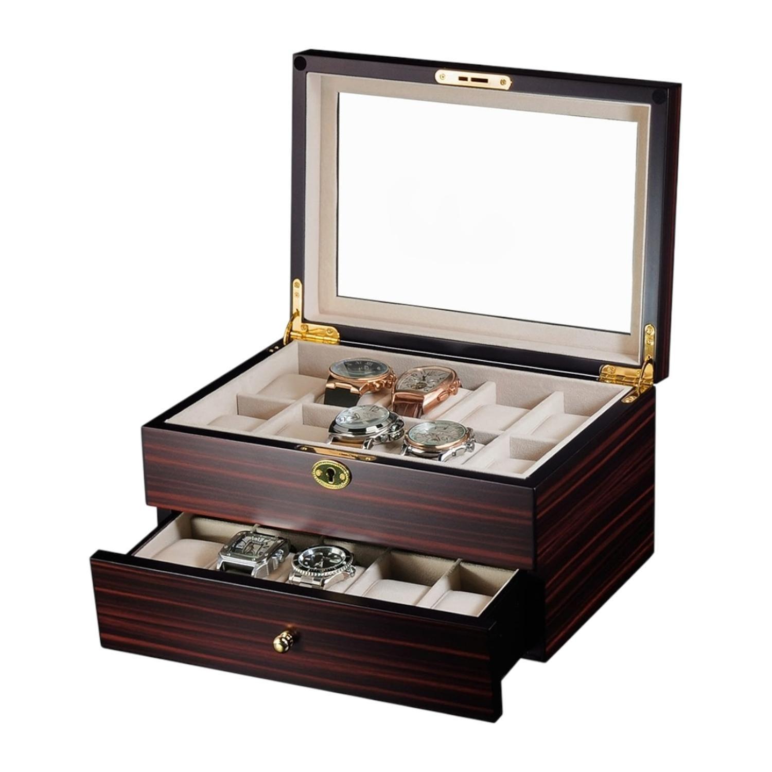 Caja Para Relojes 20 Espacios Madera Ebano Interior Marfil-5