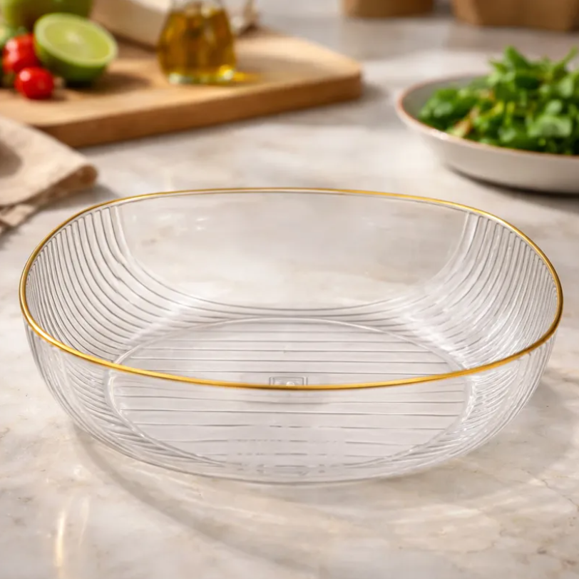 Fuente Ensaladera Pl stico Acanalado Borde Dorado 17cm-2