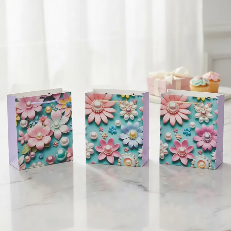 Set x12 Bolsa de Regalo Mediana Flores 3D Pastel 18x24x8 5cm-2