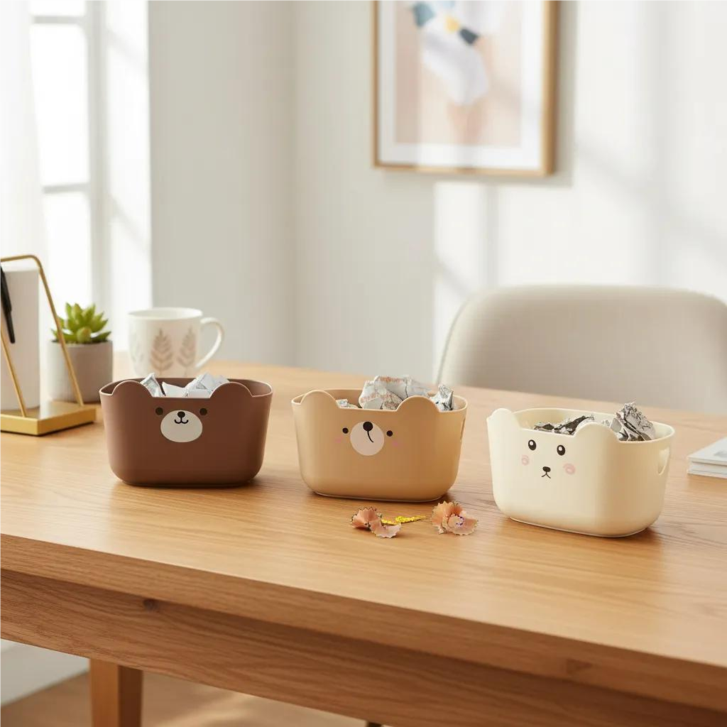 Set 4 Canasto Organizador Escritorio Mini Tacho Oso Kawaii-2