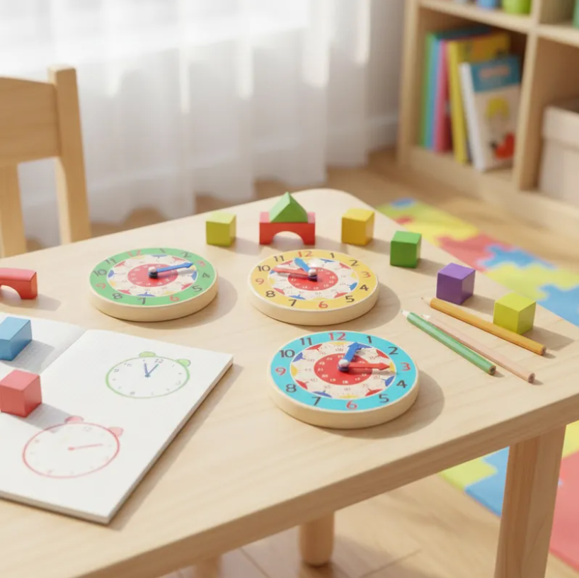 Set x6 Reloj did ctico de madera para aprender la hora 14cm-2