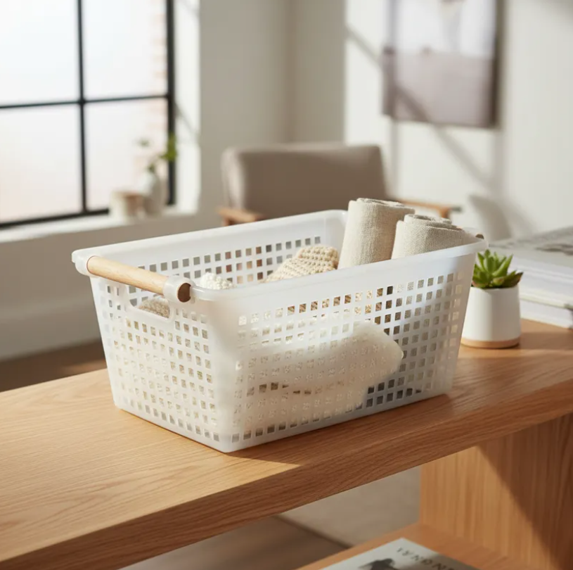 Canasto Organizador Plastico Rectangular Con Asa De Madera Aleartorio-2