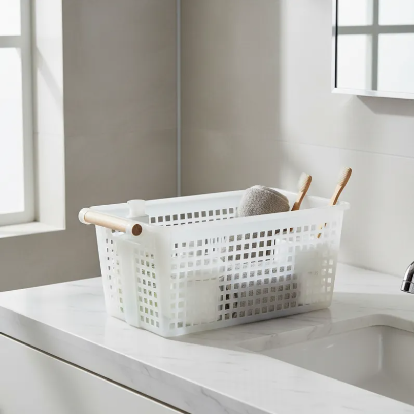 Canasto Organizador Plastico Rectangular Con Asa De Madera Aleartorio-3