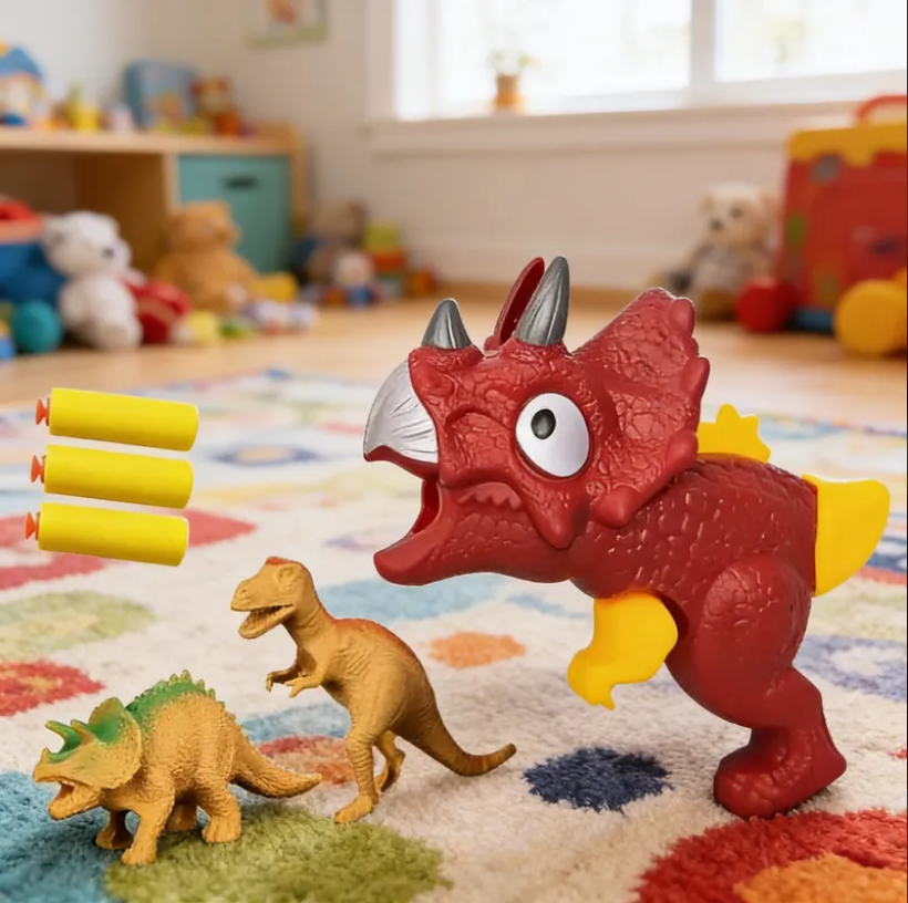 Pistola Lanzador Dinosaurio Triceratops Con Dardos Y Figuras-2