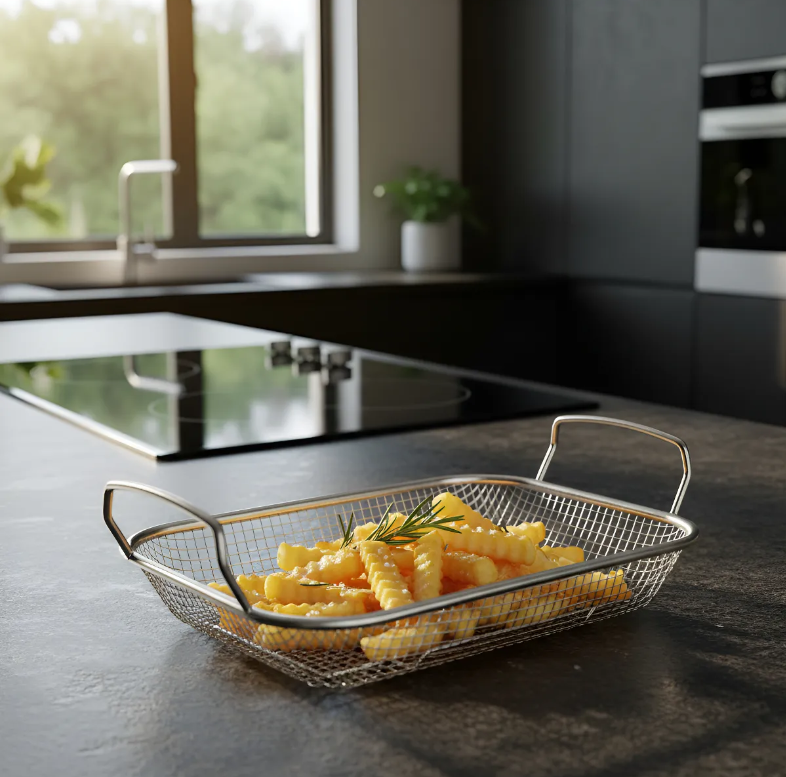 Canasto Freidora Rectangular De Acero Inoxidable Con Asas-2