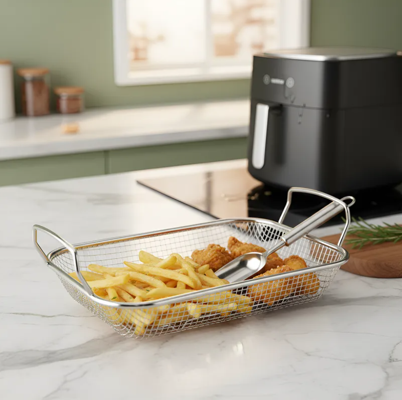 Canasto Freidora Rectangular De Acero Inoxidable Con Asas-4