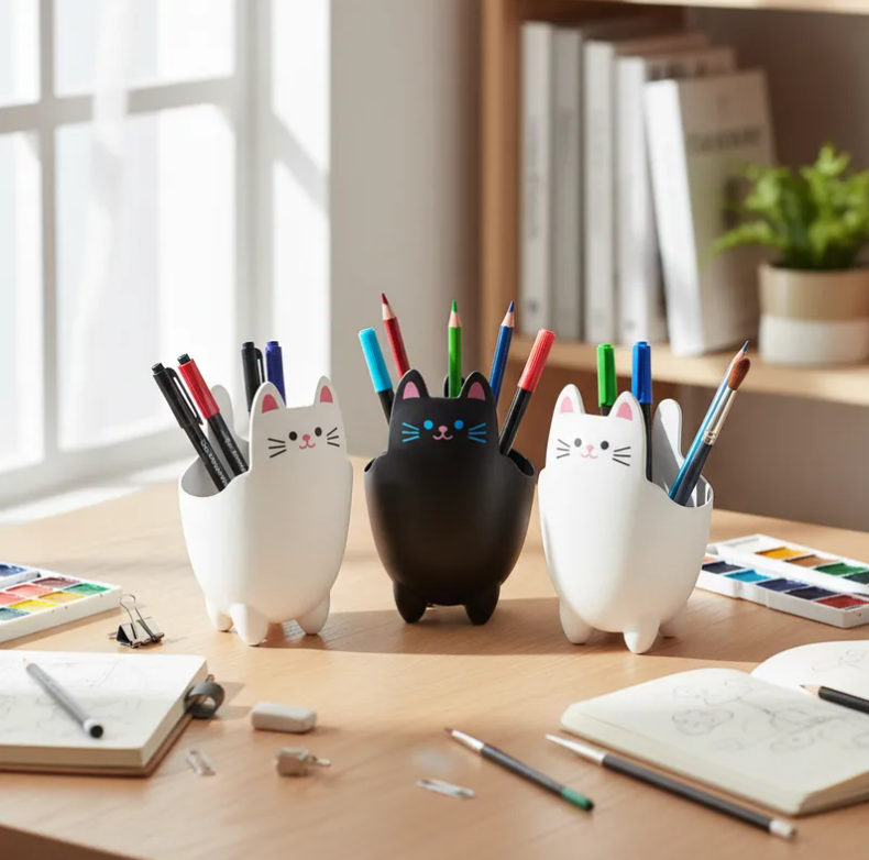 Porta Lapices Organizador Escritorio Diseno Gato 20cm 3pcs-4