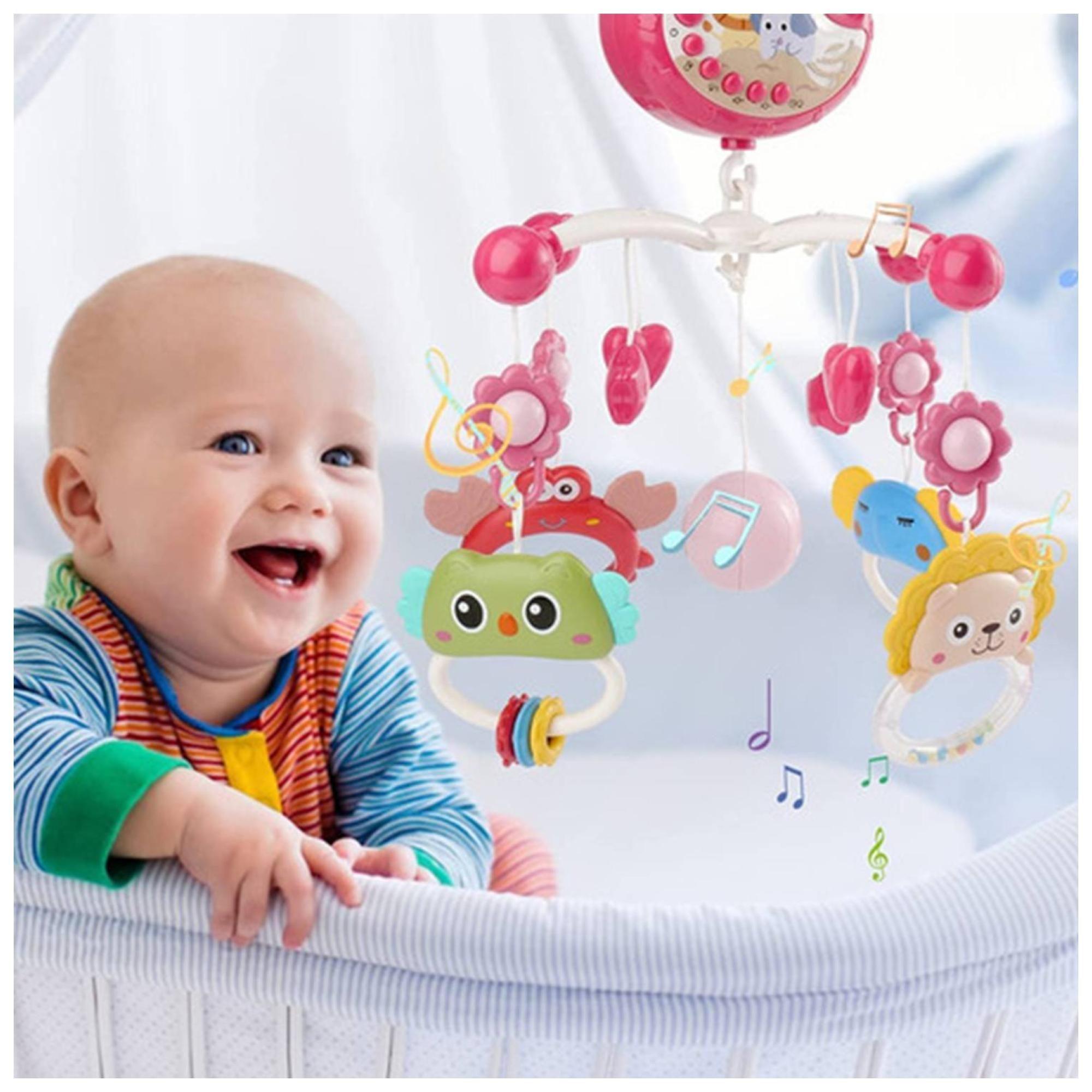 Juguete Movil Sonajero Infantil Con Luz Y Sonido Animales Rosado-2