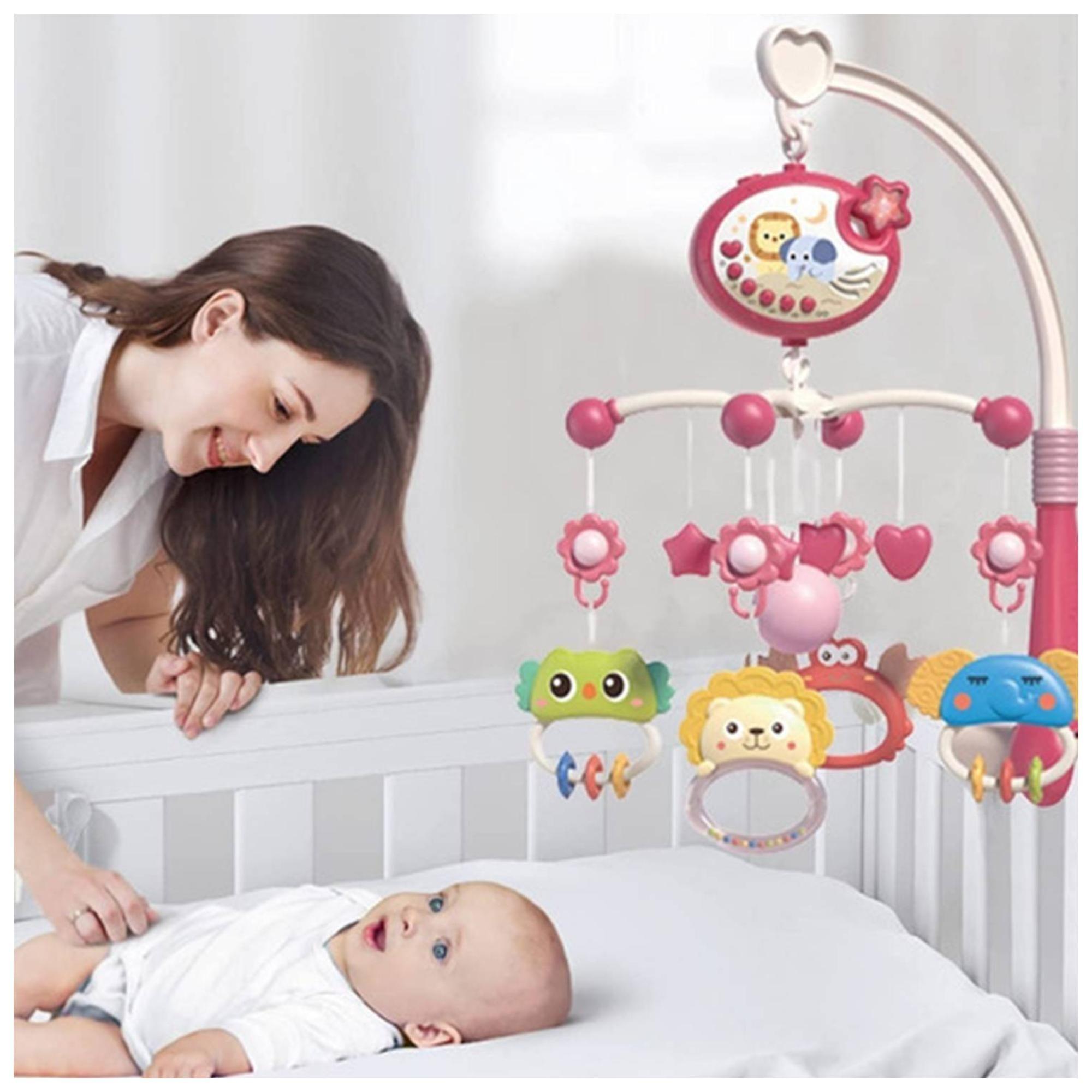 Juguete Movil Sonajero Infantil Con Luz Y Sonido Animales Rosado-3