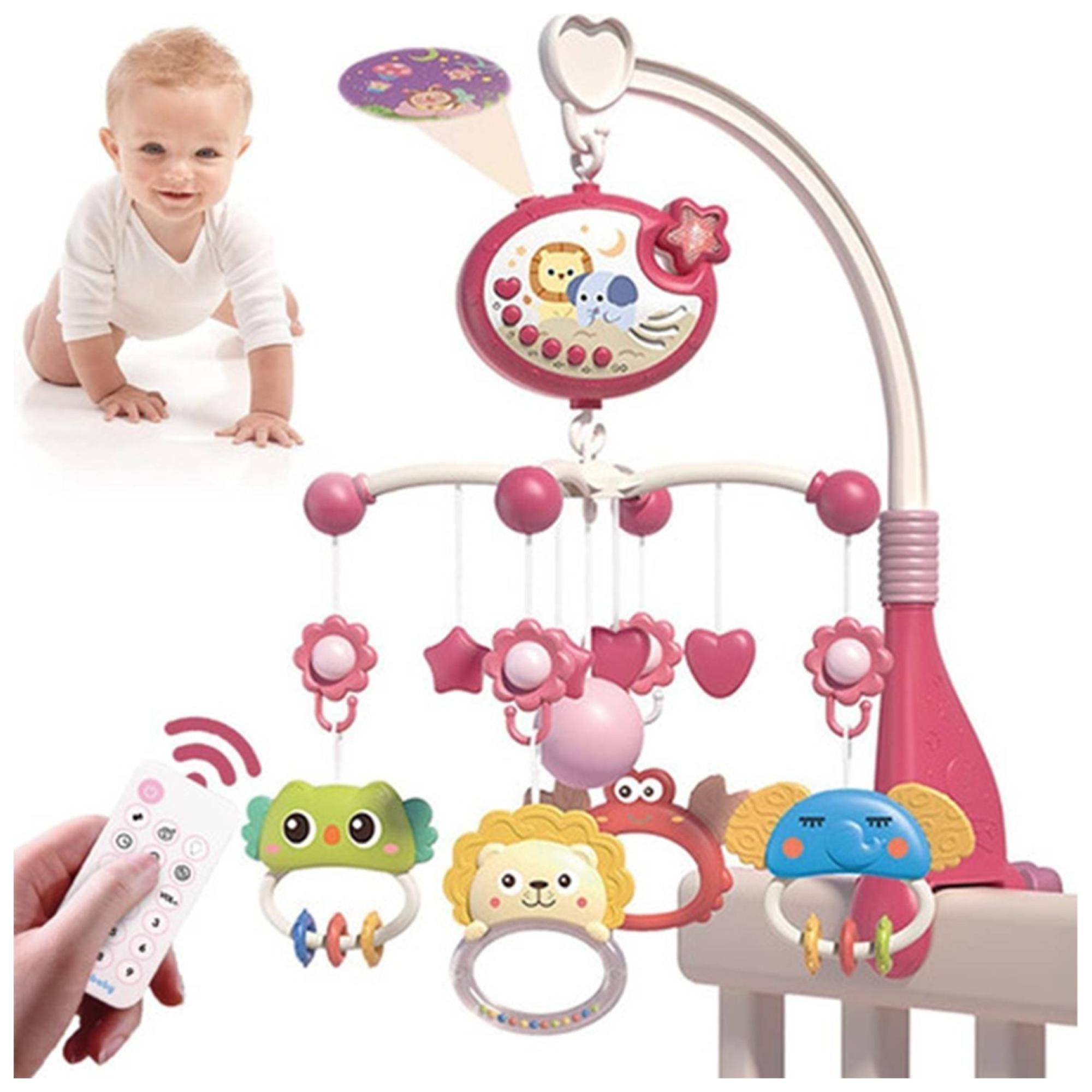 Juguete Movil Sonajero Infantil Con Luz Y Sonido Animales Rosado-4