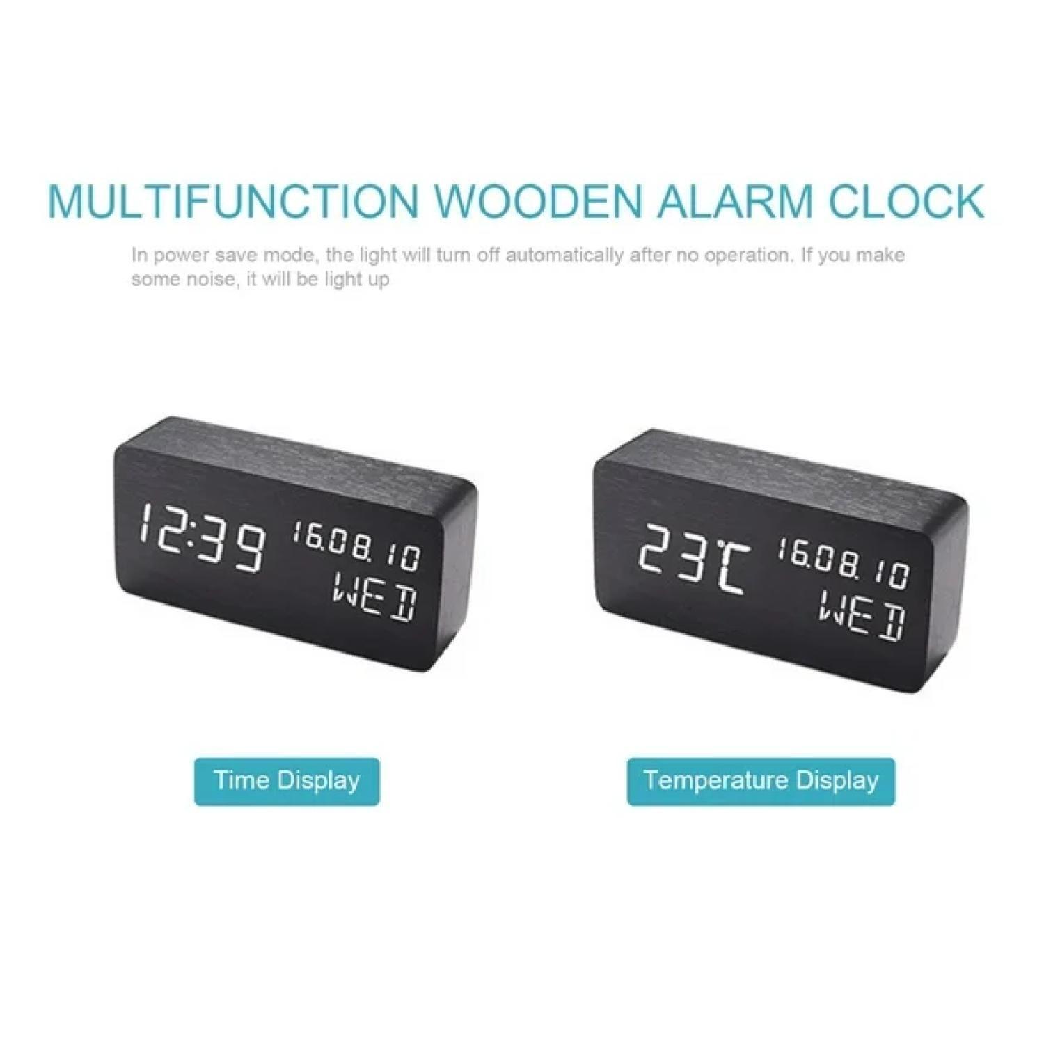 Reloj Digital LED Despertador Mesa De Noche Madera Negra-2