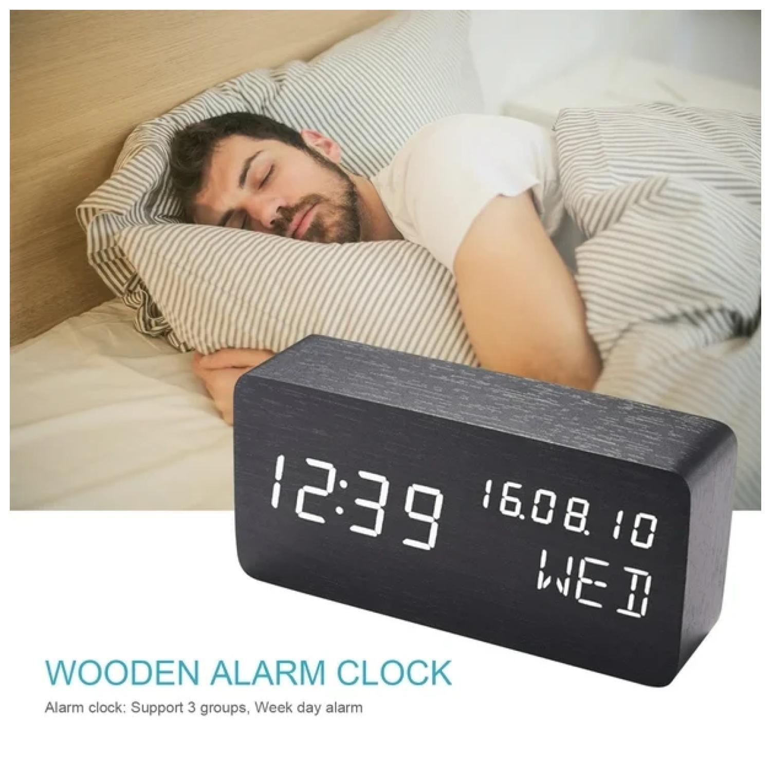 Reloj Digital LED Despertador Mesa De Noche Madera Negra-3