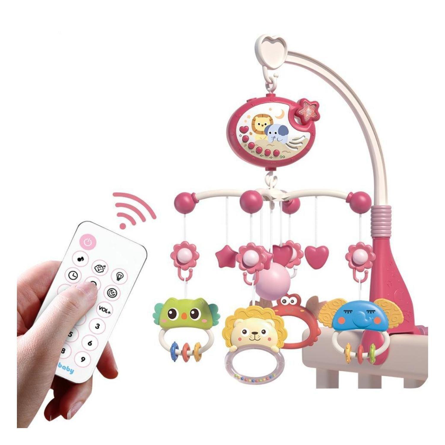 Movil Musical Para Cuna Sonidos Proyector Animales Rosado Infantil-2