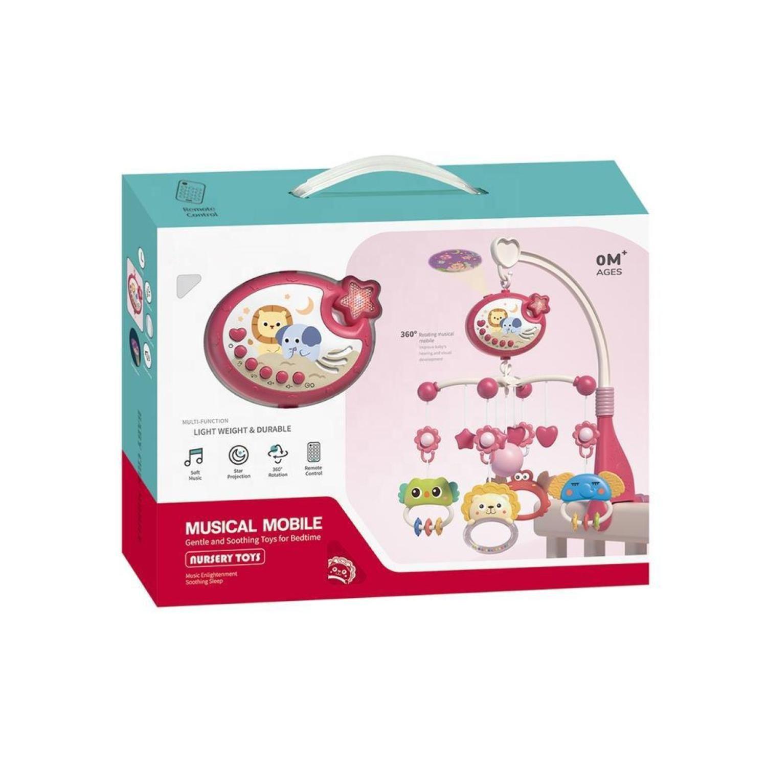 Movil Musical Para Cuna Sonidos Proyector Animales Rosado Infantil-4