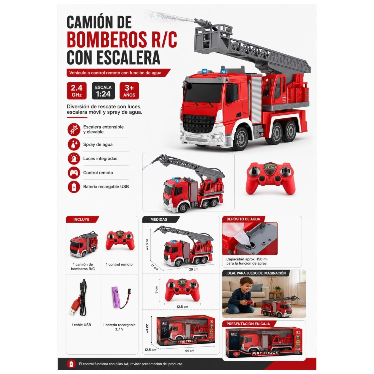 Juguete Camion De Bomberos A Control Remoto 1 24 Luces Agua Infantil-3