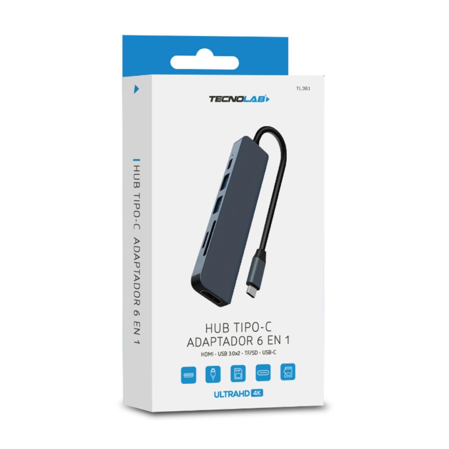 Hub USB Tipo C 6 En 1 USB 3.0 Gris Tecnolab-0