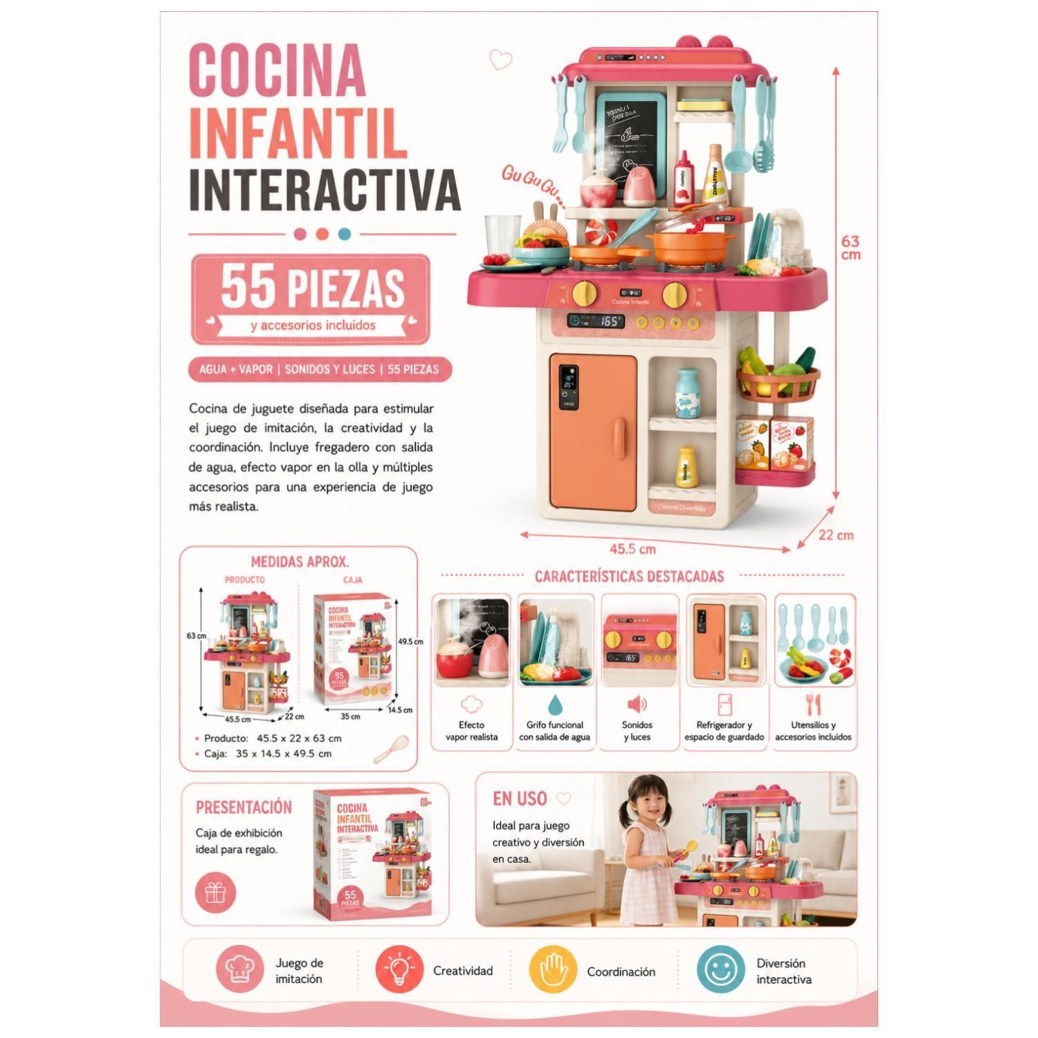 Juguete Cocina Interactiva 55Pzas 63cm Agua Vapor Rosado Infantil-3