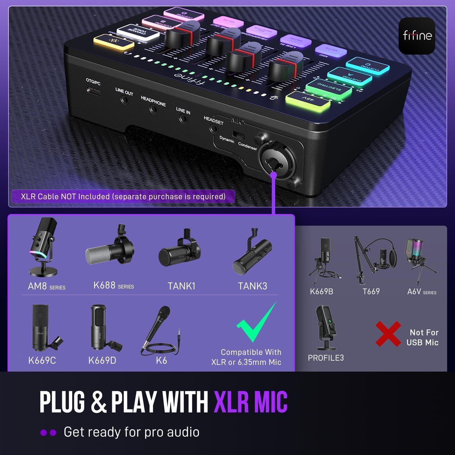 FIFINE AmpliGame SC3 – Mesa Mezcladora RGB 4 Canales con Phantom Power y Efectos para Streaming, Pod-2