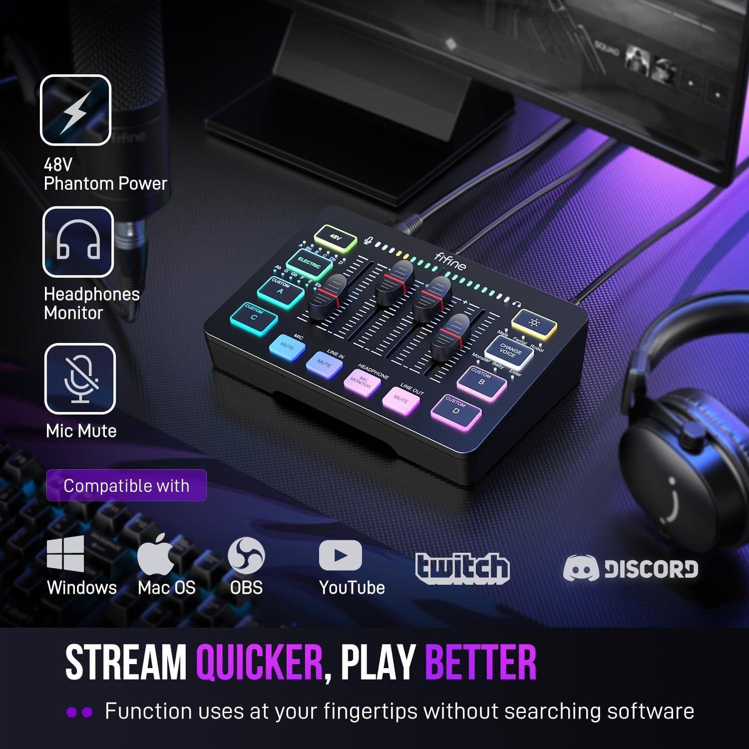 FIFINE AmpliGame SC3 – Mesa Mezcladora RGB 4 Canales con Phantom Power y Efectos para Streaming, Pod-3