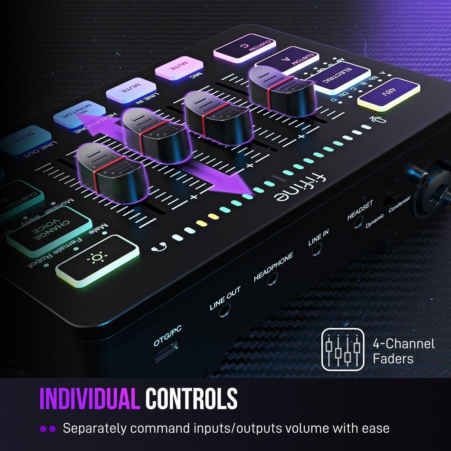 FIFINE AmpliGame SC3 – Mesa Mezcladora RGB 4 Canales con Phantom Power y Efectos para Streaming, Pod-4